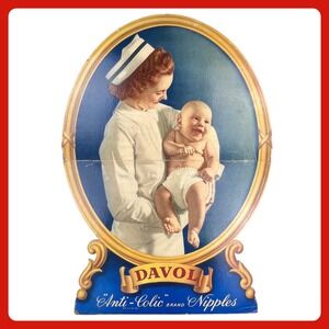 1940s Davol Nipples Vintage Advertising X-LARGE SIGN 40" Cardboard Nurse Baby
